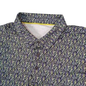 Maelreg Mens XL Performance Polo Golf Shirt Purple Yellow Abstract Print Stretch